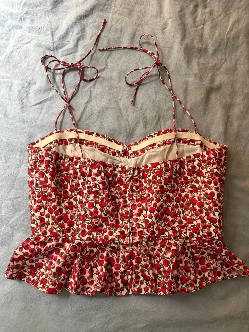 J Crew Cherry-Print Tie-Strap Peplum Top